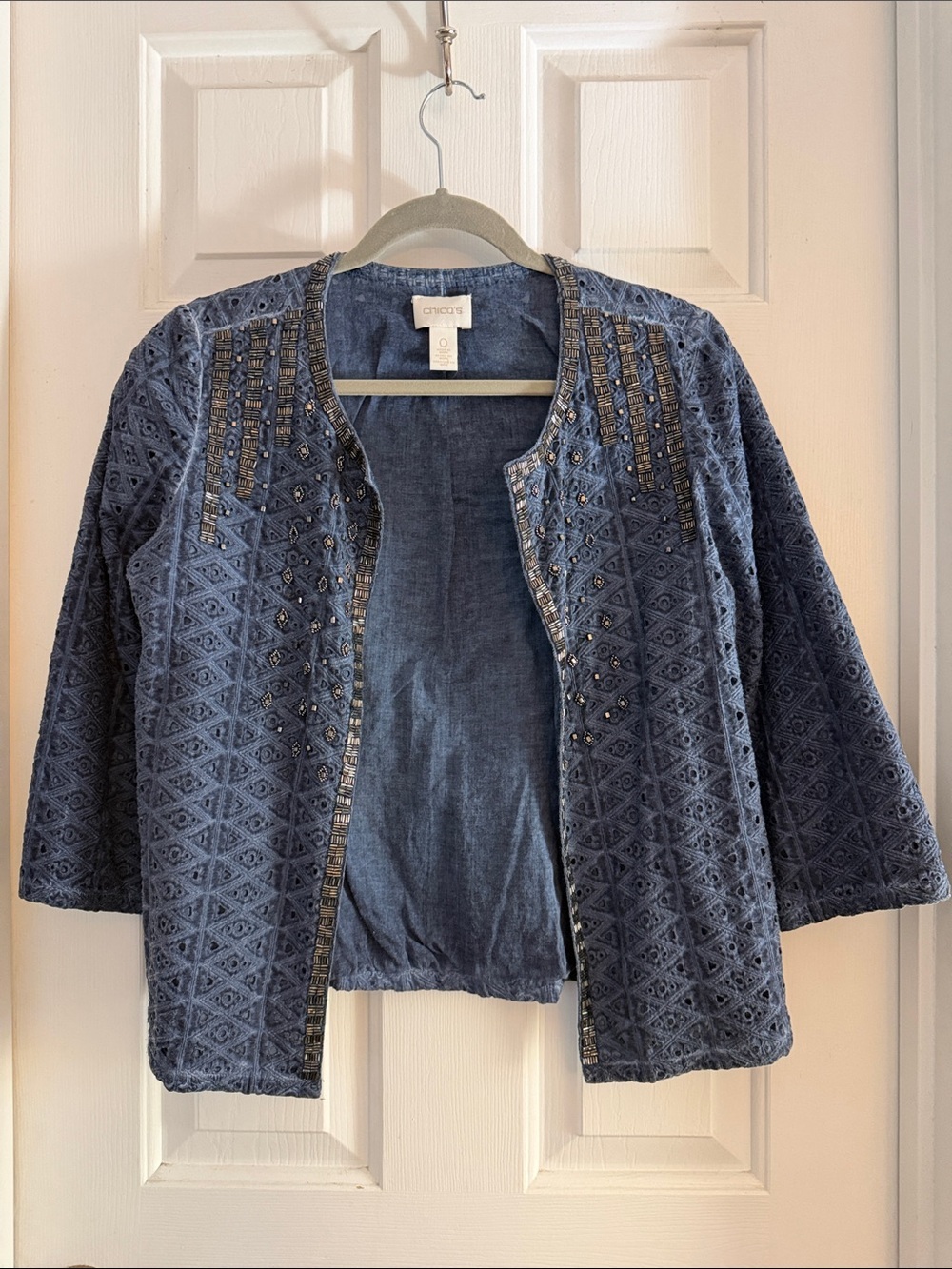 Chicos | Blue Eyelet Embellished Jacket size 4 / small beaded - Picture 2 of 5